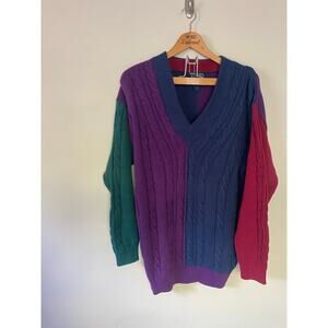 Rare vtg 90s Ralph Lauren Chaps V Neck Color Block Cotton Cable Knit Sweater Lg